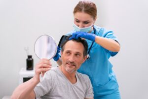 Ein Patient, der in Deutschland in einer Klinik nach dem Preis für eine Haartransplantation fragt.