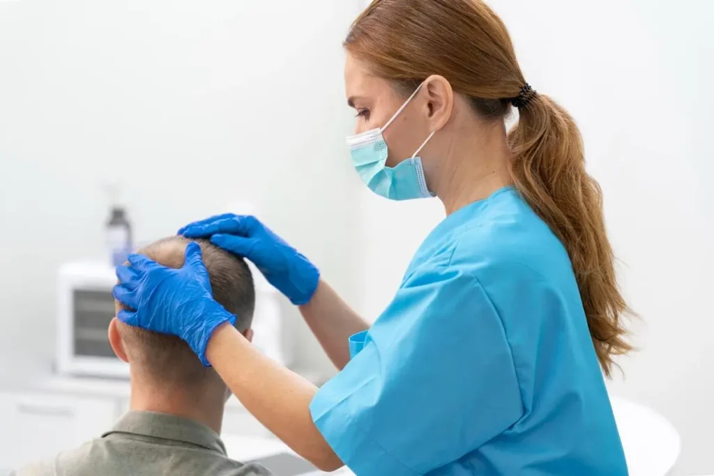 Ein älterer Mann, der sich in Deutschland einer DHI-Haartransplantation unterzieht.
