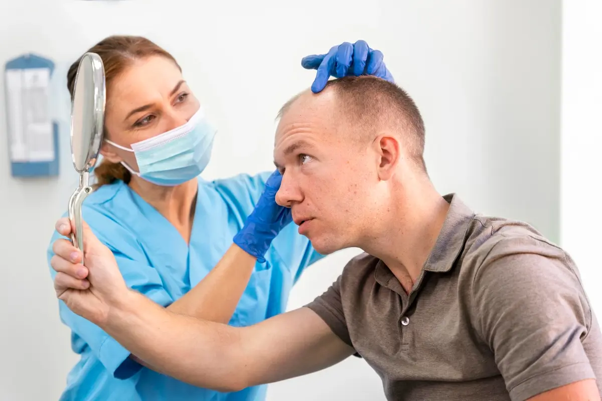 Ein blonder Mann, der in Deutschland eine Haartransplantation durchführen lässt.